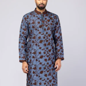 Blue-Grey Printed and Aari Embroidered Muslin Panjabi