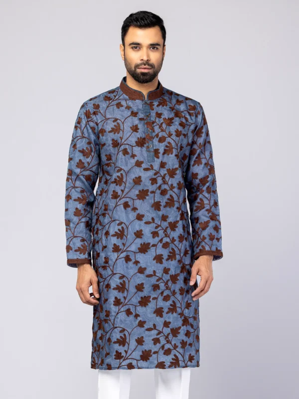 Blue-Grey Printed and Aari Embroidered Muslin Panjabi