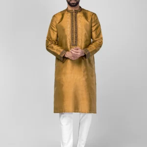 Brown Mustard Check and Embroidered Silk Panjabi Pajama Set