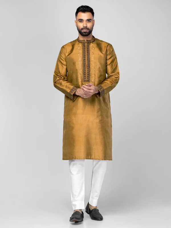 Brown Mustard Check and Embroidered Silk Panjabi Pajama Set