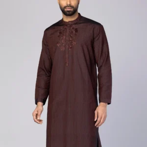 Brown Striped and Embroidered Joysree Silk Panjabi