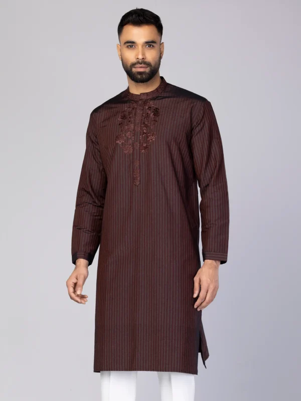 Brown Striped and Embroidered Joysree Silk Panjabi