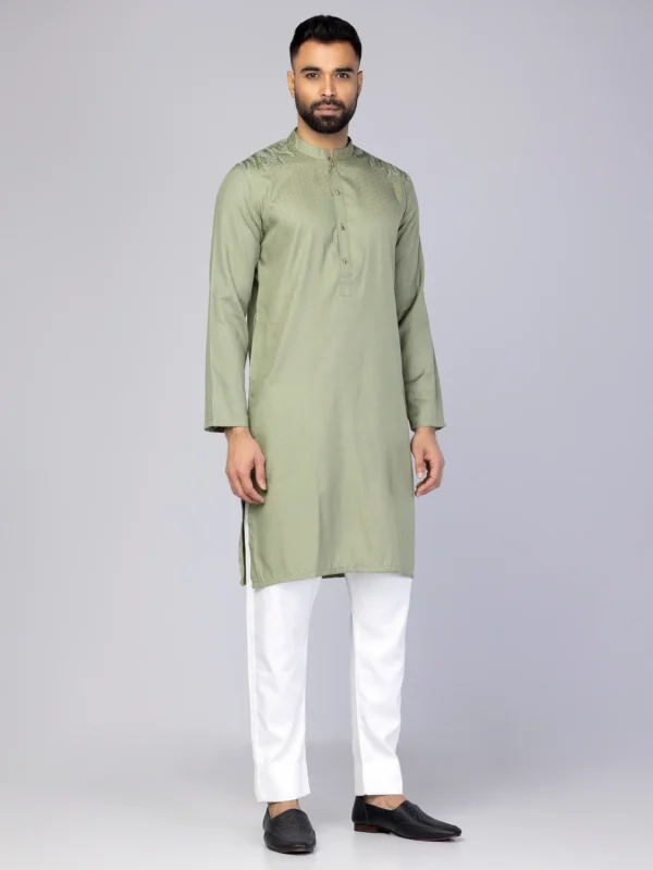 Pistachio Embroidered Viscose-Cotton Slim Fit Panjabi Pajama Set