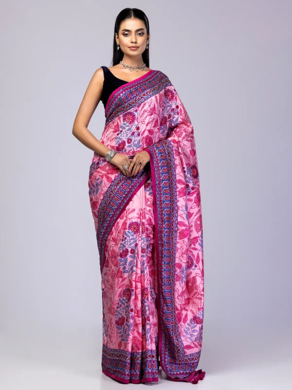 Pink Printed and Embroidered Silk Saree