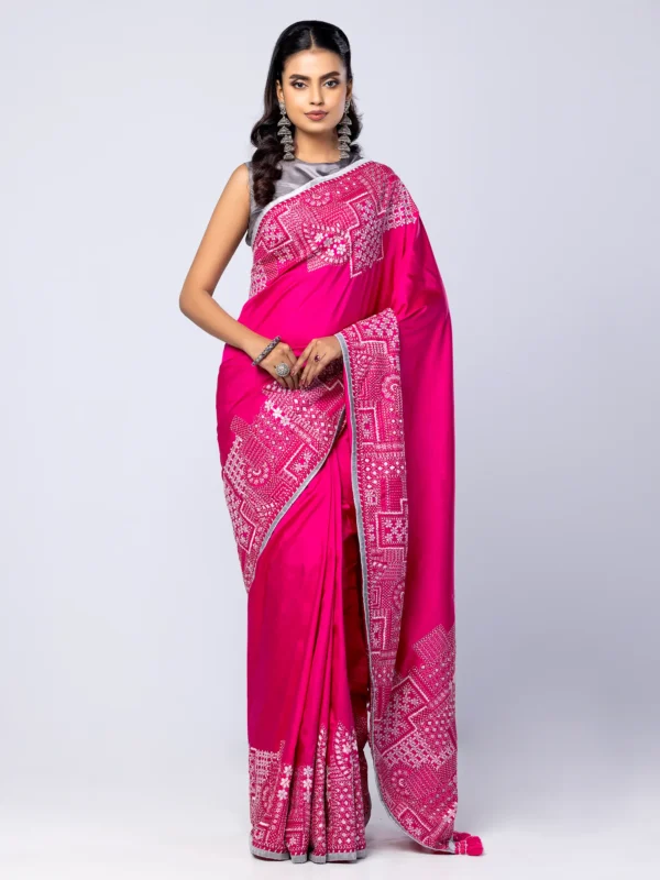 Fuchsia Printed and Nakshi Kantha Embroidered Silk Saree