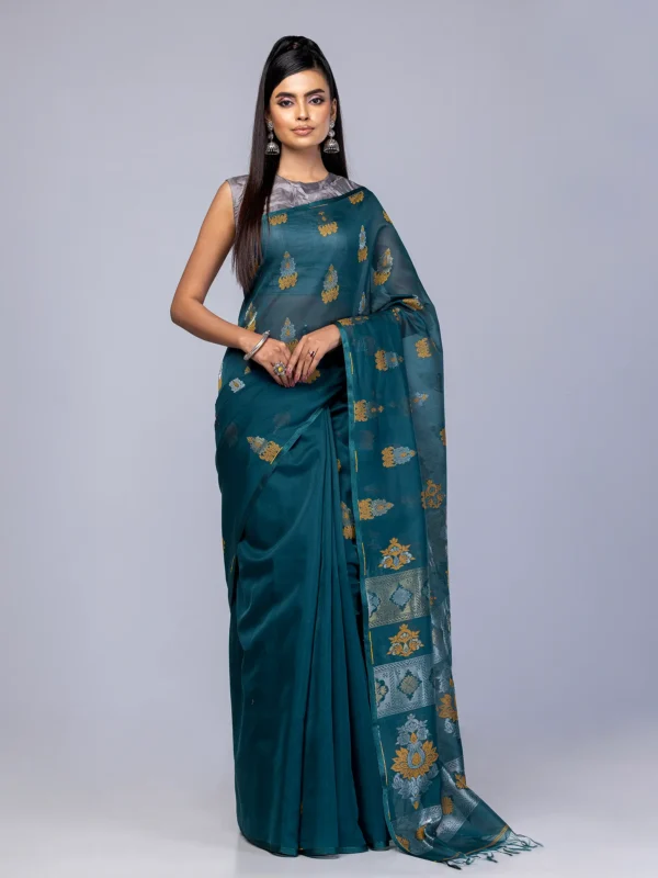 Teal Tangail Chosha Katan Saree
