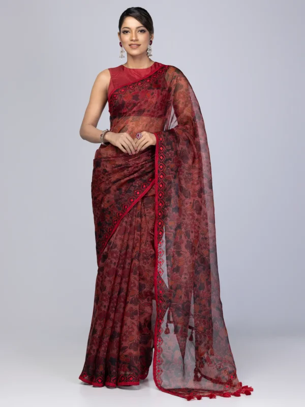 Maroon Printed and Embroidered Muslin Saree